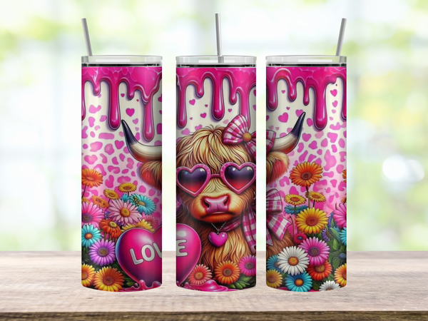 20oz stainless steel tumbler displayed upright with full-wrap design. A cute Highland cow wears heart-shaped sunglasses, surrounded by hearts, flowers, and soft pastel Valentine accents. A stylish drip effect wraps around the rim. Glossy finish with clear sliding lid attached.