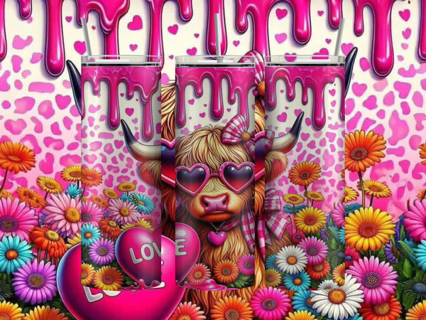 20oz stainless steel tumbler displayed upright with full-wrap design. A cute Highland cow wears heart-shaped sunglasses, surrounded by hearts, flowers, and soft pastel Valentine accents. A stylish drip effect wraps around the rim. Glossy finish with clear sliding lid attached.