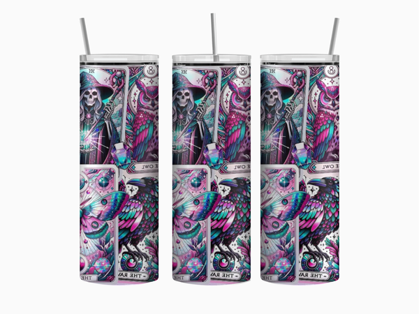 20oz stainless steel tumbler shown upright with full-wrap tarot card illustrations featuring celestial, mystical, and esoteric motifs in detailed linework. Glossy finish with clear sliding lid attached.