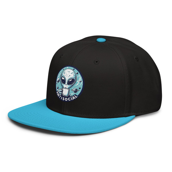 “Outer Space Anti Social unisex hat featuring neon alien graphic with bold text, full view showing vibrant colors and cosmic design, perfect for sarcasm fans, introverts, and novelty accessory lovers.”