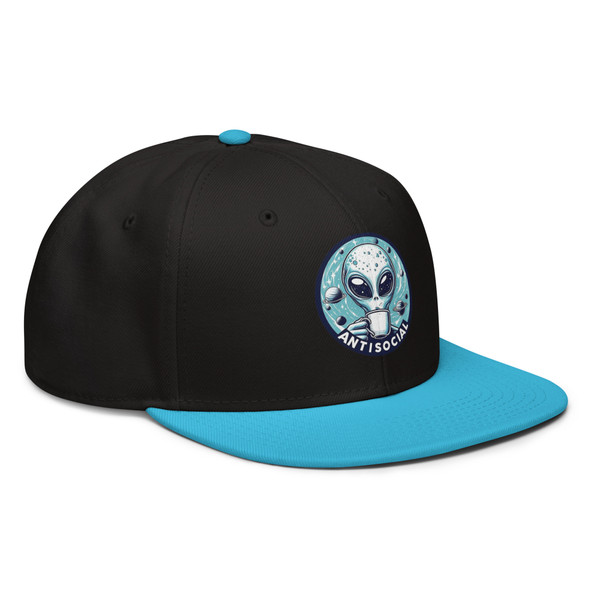 “Outer Space Anti Social unisex hat featuring neon alien graphic with bold text, full view showing vibrant colors and cosmic design, perfect for sarcasm fans, introverts, and novelty accessory lovers.”