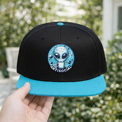 “Outer Space Anti Social unisex hat featuring neon alien graphic with bold text, full view showing vibrant colors and cosmic design, perfect for sarcasm fans, introverts, and novelty accessory lovers.”