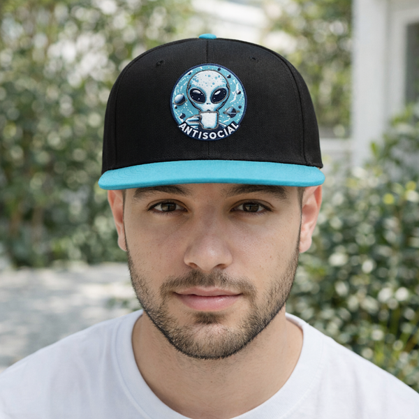 “Outer Space Anti Social unisex hat featuring neon alien graphic with bold text, full view showing vibrant colors and cosmic design, perfect for sarcasm fans, introverts, and novelty accessory lovers.”
