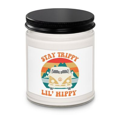“Stay Trippy Lil Hippy soy candle featuring retro van graphic and boho hippie text on candle jar, full view showing colorful free-spirit design, perfect for hippie decor and cozy home vibes.”