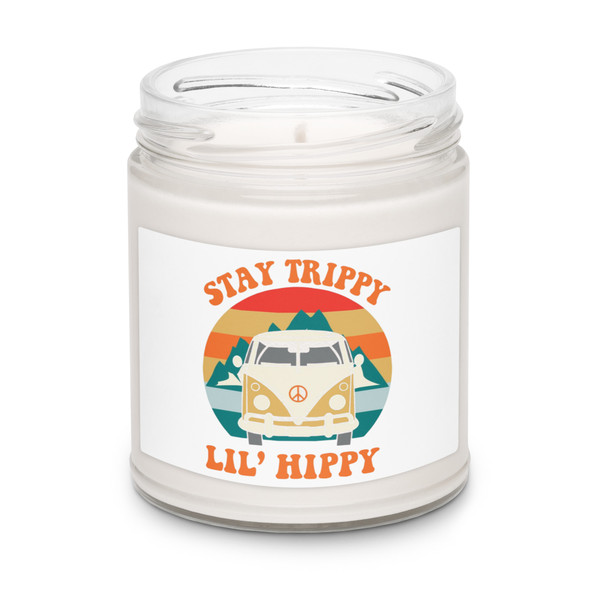 “Stay Trippy Lil Hippy soy candle featuring retro van graphic and boho hippie text on candle jar, full view showing colorful free-spirit design, perfect for hippie decor and cozy home vibes.”