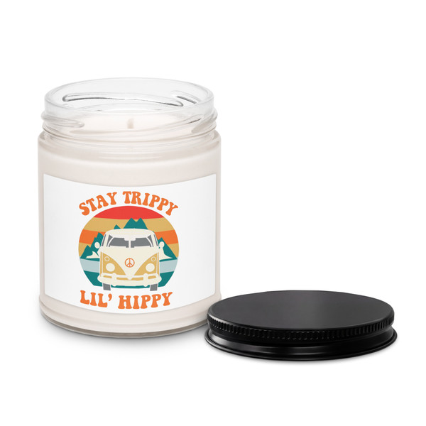 “Stay Trippy Lil Hippy soy candle featuring retro van graphic and boho hippie text on candle jar, full view showing colorful free-spirit design, perfect for hippie decor and cozy home vibes.”