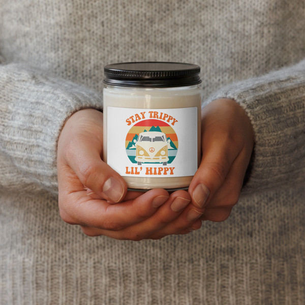 “Stay Trippy Lil Hippy soy candle featuring retro van graphic and boho hippie text on candle jar, full view showing colorful free-spirit design, perfect for hippie decor and cozy home vibes.”