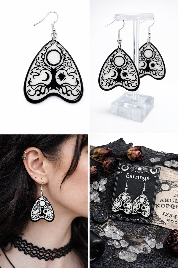 Collection of Ouija planchette acrylic earrings displayed in multiple design variations on a clean background. Each pair features unique lettering styles, symbols, and finishes while maintaining a cohesive dark, witchy aesthetic. The assortment highlights different options within the same occult-inspired theme.