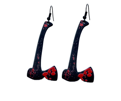 High-quality product images showcasing a pair of bold, gothic-inspired acrylic dangle earrings with a dark, edgy design, captured to highlight detail, size, and overall aesthetic against clean or styled backgrounds.