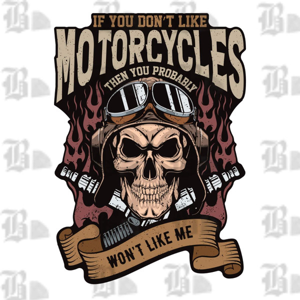 “If You Don’t Like Motorcycles biker skull graphic t-shirt featuring vintage helmet skull with flames and bold statement text, full view showing edgy motorcycle design.”