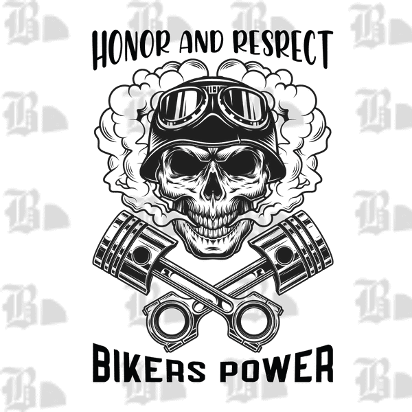 “Honor and Respect Bikers Power skull graphic t-shirt featuring crossed pistons and biker helmet design on grey shirt, full view showing rugged motorcycle lifestyle artwork.”