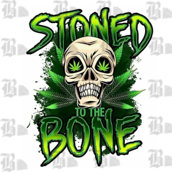 Charcoal gray unisex tee featuring a neon green “Stoned to the Bone” skull design with cannabis leaf eyes and grunge-style lettering, centered on the chest.