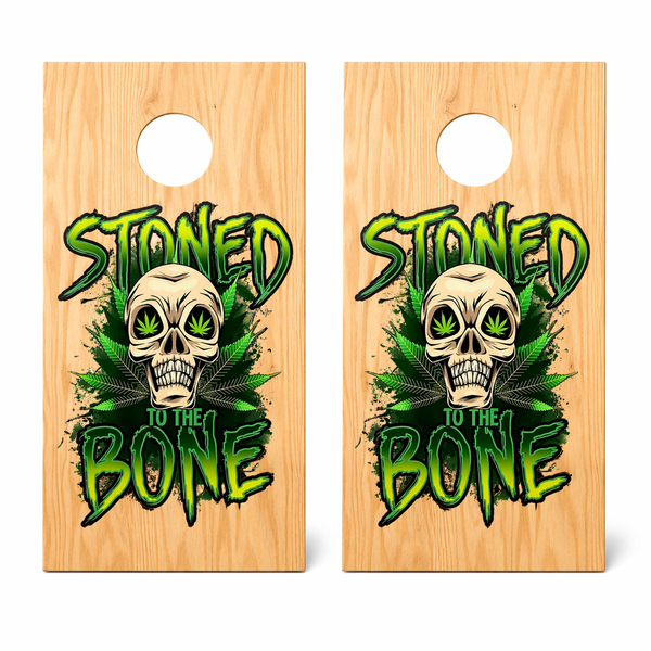 Bring bold attitude to your backyard, tailgate, or party setup. This 3ft tailgate-size cornhole set features our Stoned to the Bone skull design printed on a clean wood grain finish — built for fun, easy transport, and standing out wherever you play.