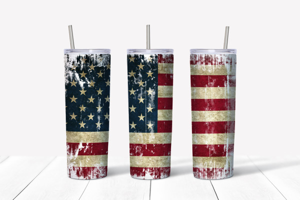 Photos showcase the Rebel Americana Tumblers collection featuring high-resolution full wrap artwork on 20oz skinny stainless steel tumblers. Designs include patriotic Americana themes, rustic textures, freedom-inspired graphics, outdoor lifestyle artwork, edgy rebel aesthetics, and bold statement imagery. Images display multiple tumbler angles, close-up design details, and realistic product mockups to highlight the vibrant sublimation print quality, insulated stainless steel finish, and overall Americana-inspired style.