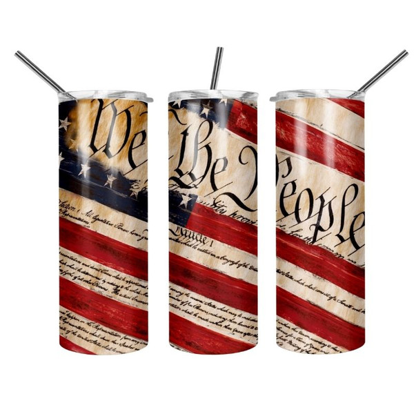 Photos showcase the Rebel Americana Tumblers collection featuring high-resolution full wrap artwork on 20oz skinny stainless steel tumblers. Designs include patriotic Americana themes, rustic textures, freedom-inspired graphics, outdoor lifestyle artwork, edgy rebel aesthetics, and bold statement imagery. Images display multiple tumbler angles, close-up design details, and realistic product mockups to highlight the vibrant sublimation print quality, insulated stainless steel finish, and overall Americana-inspired style.