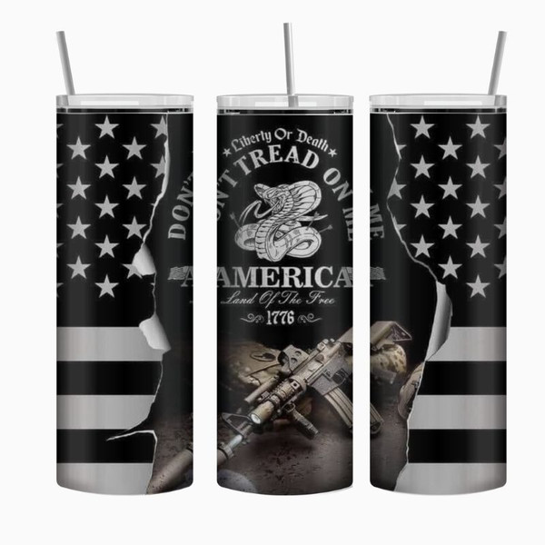 Photos showcase the Rebel Americana Tumblers collection featuring high-resolution full wrap artwork on 20oz skinny stainless steel tumblers. Designs include patriotic Americana themes, rustic textures, freedom-inspired graphics, outdoor lifestyle artwork, edgy rebel aesthetics, and bold statement imagery. Images display multiple tumbler angles, close-up design details, and realistic product mockups to highlight the vibrant sublimation print quality, insulated stainless steel finish, and overall Americana-inspired style.