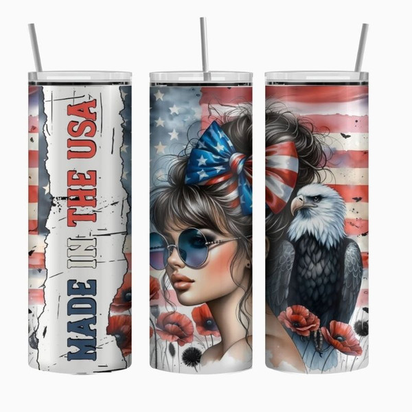 Photos showcase the Rebel Americana Tumblers collection featuring high-resolution full wrap artwork on 20oz skinny stainless steel tumblers. Designs include patriotic Americana themes, rustic textures, freedom-inspired graphics, outdoor lifestyle artwork, edgy rebel aesthetics, and bold statement imagery. Images display multiple tumbler angles, close-up design details, and realistic product mockups to highlight the vibrant sublimation print quality, insulated stainless steel finish, and overall Americana-inspired style.