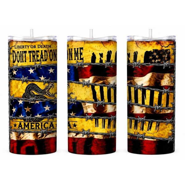 Photos showcase the Rebel Americana Tumblers collection featuring high-resolution full wrap artwork on 20oz skinny stainless steel tumblers. Designs include patriotic Americana themes, rustic textures, freedom-inspired graphics, outdoor lifestyle artwork, edgy rebel aesthetics, and bold statement imagery. Images display multiple tumbler angles, close-up design details, and realistic product mockups to highlight the vibrant sublimation print quality, insulated stainless steel finish, and overall Americana-inspired style.