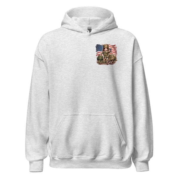 Photos showcase a trendy Army Girl patriotic hoodie design featuring a cute cartoon-style military inspired girl with large blue eyes, camouflage fashion details, distressed American flag artwork, tactical accessories, patriotic tumbler imagery, and boutique-style Americana aesthetics. Images display vibrant high-resolution DTF artwork with feminine military-inspired fashion elements, freedom-themed graphics, rustic patriotic styling, and oversized boutique hoodie design placement.