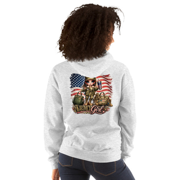 Photos showcase a trendy Army Girl patriotic hoodie design featuring a cute cartoon-style military inspired girl with large blue eyes, camouflage fashion details, distressed American flag artwork, tactical accessories, patriotic tumbler imagery, and boutique-style Americana aesthetics. Images display vibrant high-resolution DTF artwork with feminine military-inspired fashion elements, freedom-themed graphics, rustic patriotic styling, and oversized boutique hoodie design placement.