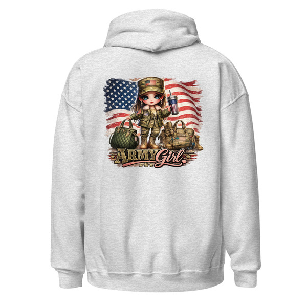 Photos showcase a trendy Army Girl patriotic hoodie design featuring a cute cartoon-style military inspired girl with large blue eyes, camouflage fashion details, distressed American flag artwork, tactical accessories, patriotic tumbler imagery, and boutique-style Americana aesthetics. Images display vibrant high-resolution DTF artwork with feminine military-inspired fashion elements, freedom-themed graphics, rustic patriotic styling, and oversized boutique hoodie design placement.
