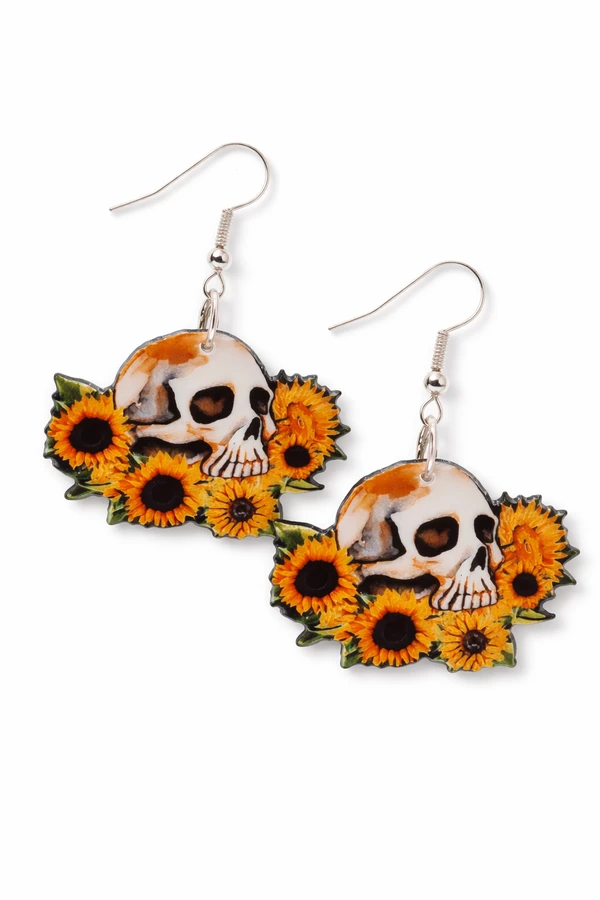 Assorted sunflower-themed acrylic earrings featuring bright yellow petals with dark centers and earthy accents. Each design highlights a rustic, nature-inspired look with bold outlines and clean detailing, displayed on silver fishhook ear wires against a neutral background.