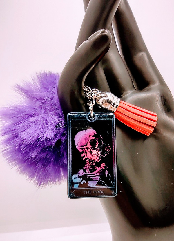 The Fool Tarot Card Keychain with Puff Tassel Charm