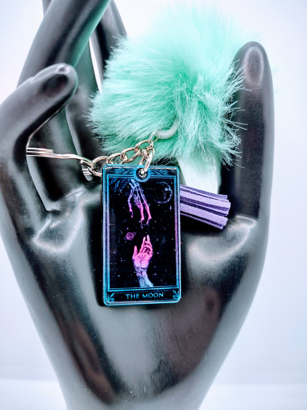 The Moon Tarot Card Keychain with Fur and Tassel Charm