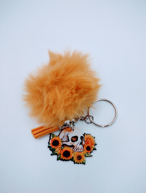 Sunflower and Skull Keychain with Puff Ball and Tassel Charm