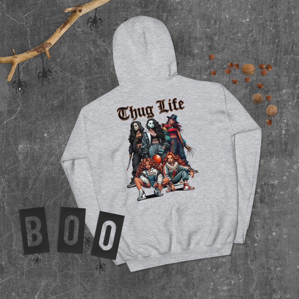 Urban Horror Hoodie with killer girls graphic, made-to-order streetwear pullover