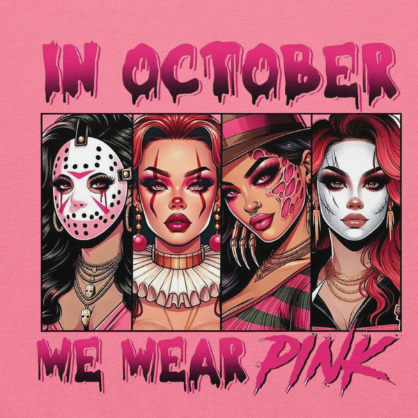 Hoodie featuring Halloween character headshots and the phrase “In October We Wear Pink” in playful pink lettering. Soft, midweight, and cozy with a front pouch pocket and double-lined hood.