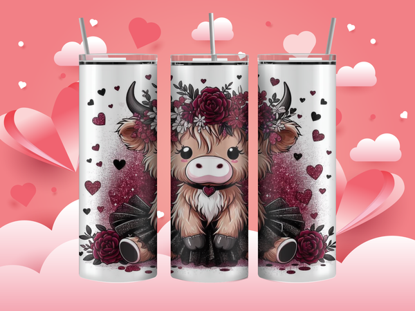 20oz stainless steel tumbler with a cute Valentine cow wearing a tutu. Full-wrap design features hearts, pastel Valentine colors, and whimsical accents. Glossy finish with clear lid attached.