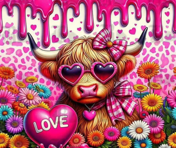 20oz stainless steel tumbler displayed upright with full-wrap design. A cute Highland cow wears heart-shaped sunglasses, surrounded by hearts, flowers, and soft pastel Valentine accents. A stylish drip effect wraps around the rim. Glossy finish with clear sliding lid attached.