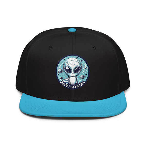 “Outer Space Anti Social unisex hat featuring neon alien graphic with bold text, full view showing vibrant colors and cosmic design, perfect for sarcasm fans, introverts, and novelty accessory lovers.”