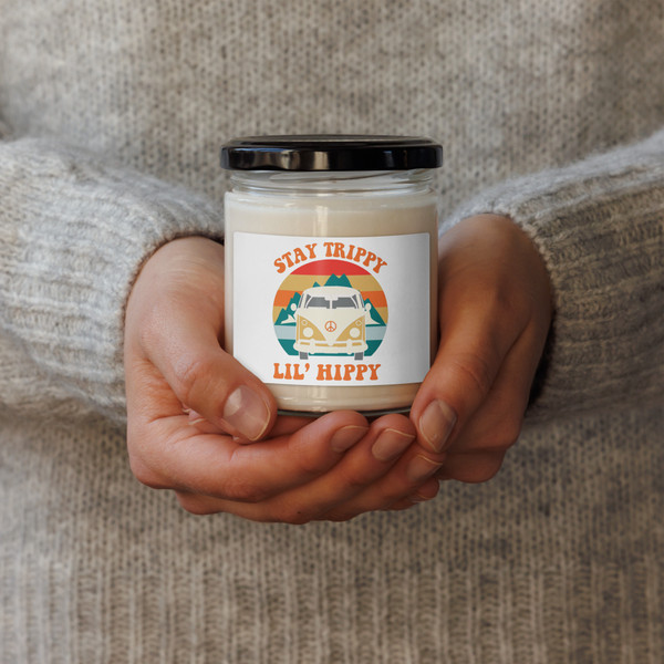 “Stay Trippy Lil Hippy soy candle featuring retro van graphic and boho hippie text on candle jar, full view showing colorful free-spirit design, perfect for hippie decor and cozy home vibes.”