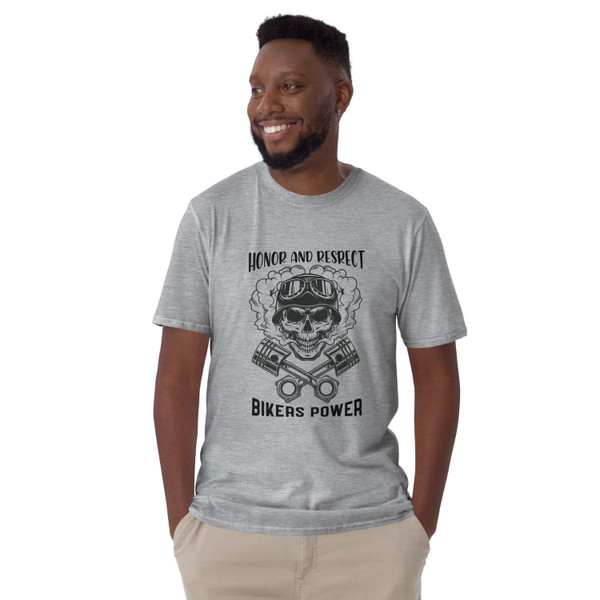 “Honor and Respect Bikers Power skull graphic t-shirt featuring crossed pistons and biker helmet design on grey shirt, full view showing rugged motorcycle lifestyle artwork.”