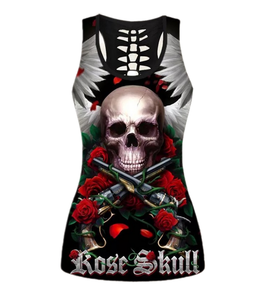 Double gun rose skull red roses polyester blend ladies tank