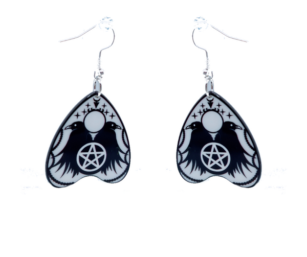 These Crow Ouija Board Style Earrings, dangle earrings are a fashion statement piece. These dangle earrings are made of quality acrylic and have a stainless-steel hook. These earrings are so charming. The perfect addition to any jewelry box. Perfect gift for a loved one or buy for yourself.