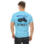 The striking motorcycle design  brings the air of excitement to this comfortable unisex T-shirt.  Get ready to mix comfort and adventure with this unique unisex design.  The image of a motorcycle on the back of this T-shirt with the slogan "Beat the Street" implies the acceptance of open road excitement by the wearer.