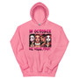 Hoodie featuring Halloween character headshots and the phrase “In October We Wear Pink” in playful pink lettering. Soft, midweight, and cozy with a front pouch pocket and double-lined hood.