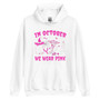 Hoodie featuring pink nurse-themed graphics with a nurse hat and the phrase “In October We Wear Pink.” Cozy, unisex, and Halloween-ready.