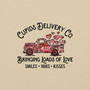 Crew neck sweatshirt in a neutral/pastel color featuring a pickup truck overflowing with red and pink hearts. Text reads “Cupid’s Delivery Co.: Bringing Loads of Love, Smiles, Hugs, and Kisses” in fun, playful lettering. Shown folded and on a flat lay with clear visibility of full design.