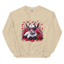 Crew neck sweatshirt shown flat featuring a cute goat wearing heart-shaped sunglasses, surrounded by Valentine hearts and floral accents. Design uses soft pastel tones and has no wording.