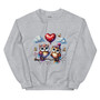 Crew neck sweatshirt shown flat featuring two pastel-colored owls sitting on a branch with a heart-shaped balloon between them. Design uses soft Valentine pastel tones with a cute, cozy aesthetic.