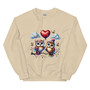 Crew neck sweatshirt shown flat featuring two pastel-colored owls sitting on a branch with a heart-shaped balloon between them. Design uses soft Valentine pastel tones with a cute, cozy aesthetic.
