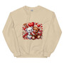 Crew neck sweatshirt displayed flat featuring two Valentine teddy bears surrounded by hearts and flowers. Design uses soft pastel Valentine colors and a heartwarming aesthetic.