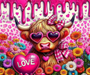 20oz stainless steel tumbler displayed upright with full-wrap design. A cute Highland cow wears heart-shaped sunglasses, surrounded by hearts, flowers, and soft pastel Valentine accents. A stylish drip effect wraps around the rim. Glossy finish with clear sliding lid attached.