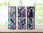 20oz stainless steel tumbler shown upright with full-wrap tarot card illustrations featuring celestial, mystical, and esoteric motifs in detailed linework. Glossy finish with clear sliding lid attached.