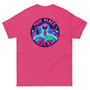 Unisex t-shirt displayed flat showing a bright alien graphic printed small on the front pocket and large on the back. Neon-style, colorful design with bold “This Place Sucks” lettering.
