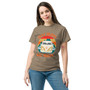 “Stay Trippy Lil Hippy unisex t-shirt featuring vintage van graphic and playful text on tan shirt, full view showing retro colors and boho hippie design, perfect for festival wear and free-spirit style.”